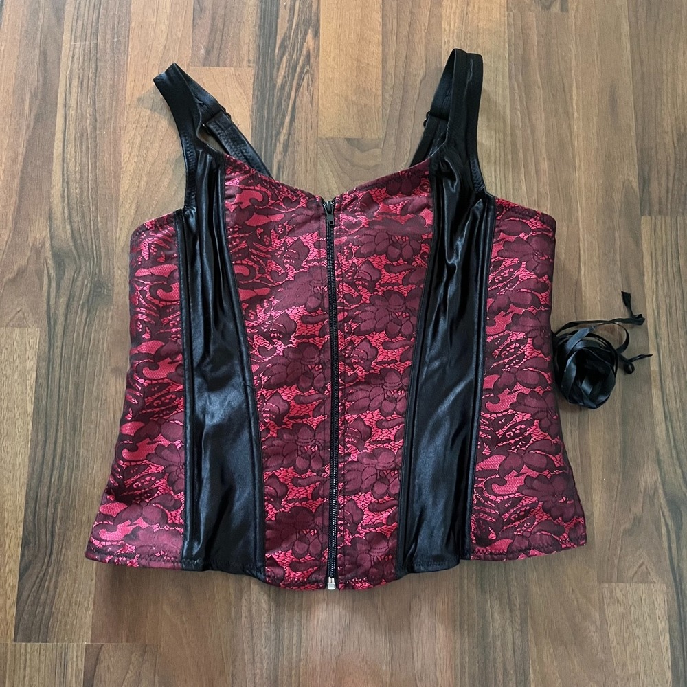 Red Black Corset Bustier Zippered and Cinch Size 3XL Burlesque Steampunk Goth